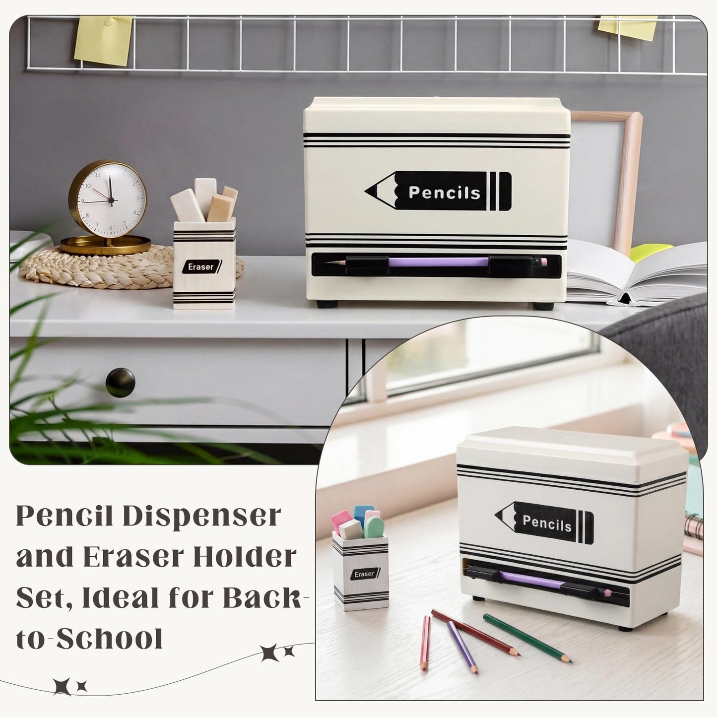 Gueevin 2pcs Pencil Dispenser for Classroom, Fun Desk Organizer with Eraser Holder, Interactive Pencil Storage for Teachers, Students & Homeschool Desk Organizer, Back to School Supplies(White)