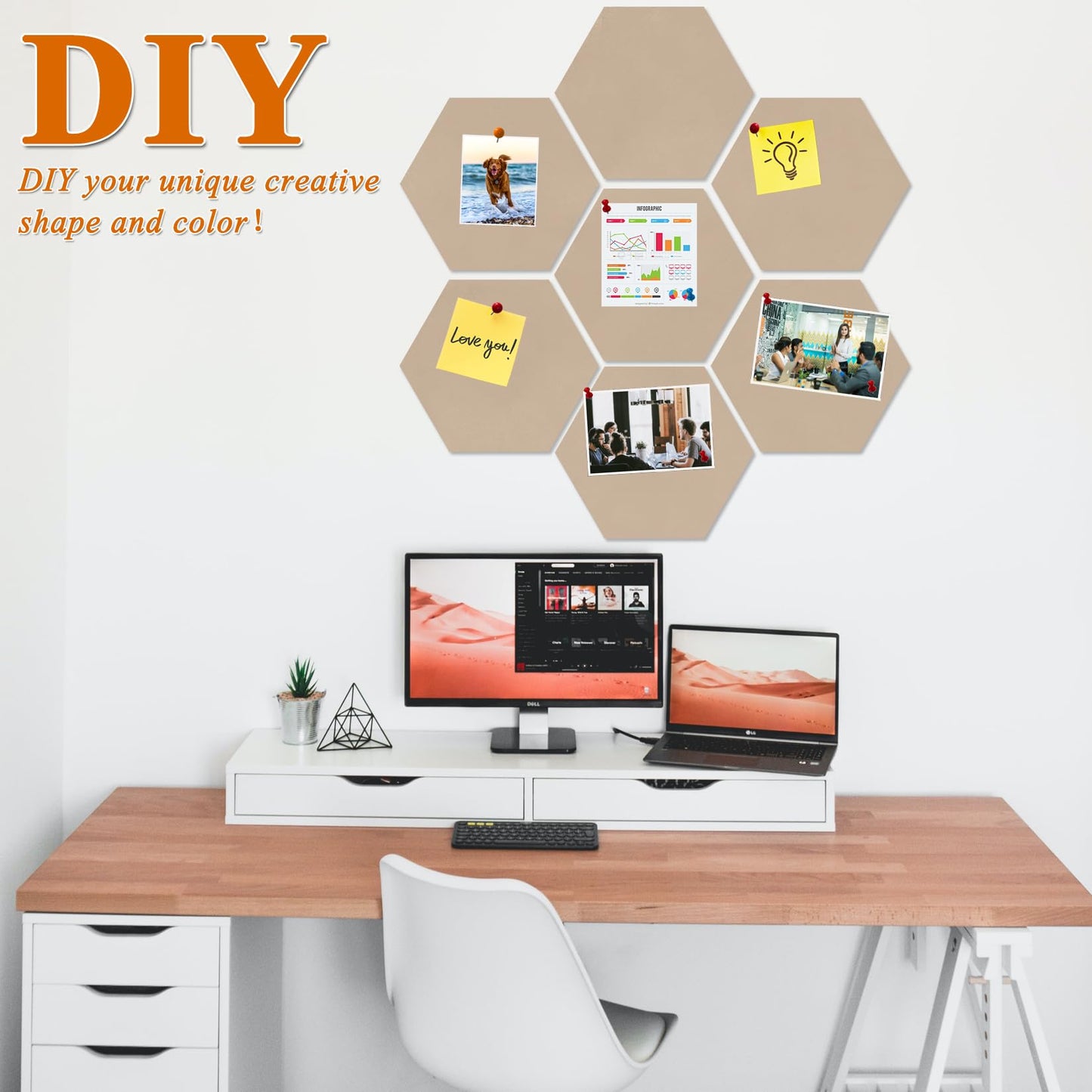 HULAVO Large Hexagon Felt Cork Board Tiles, Self Adhesive DIY Felt Bulletin Board Pin Board with 35 Pushpins for Office School Home Wall Decor Stickers Memos Photos Display(Light Brown)