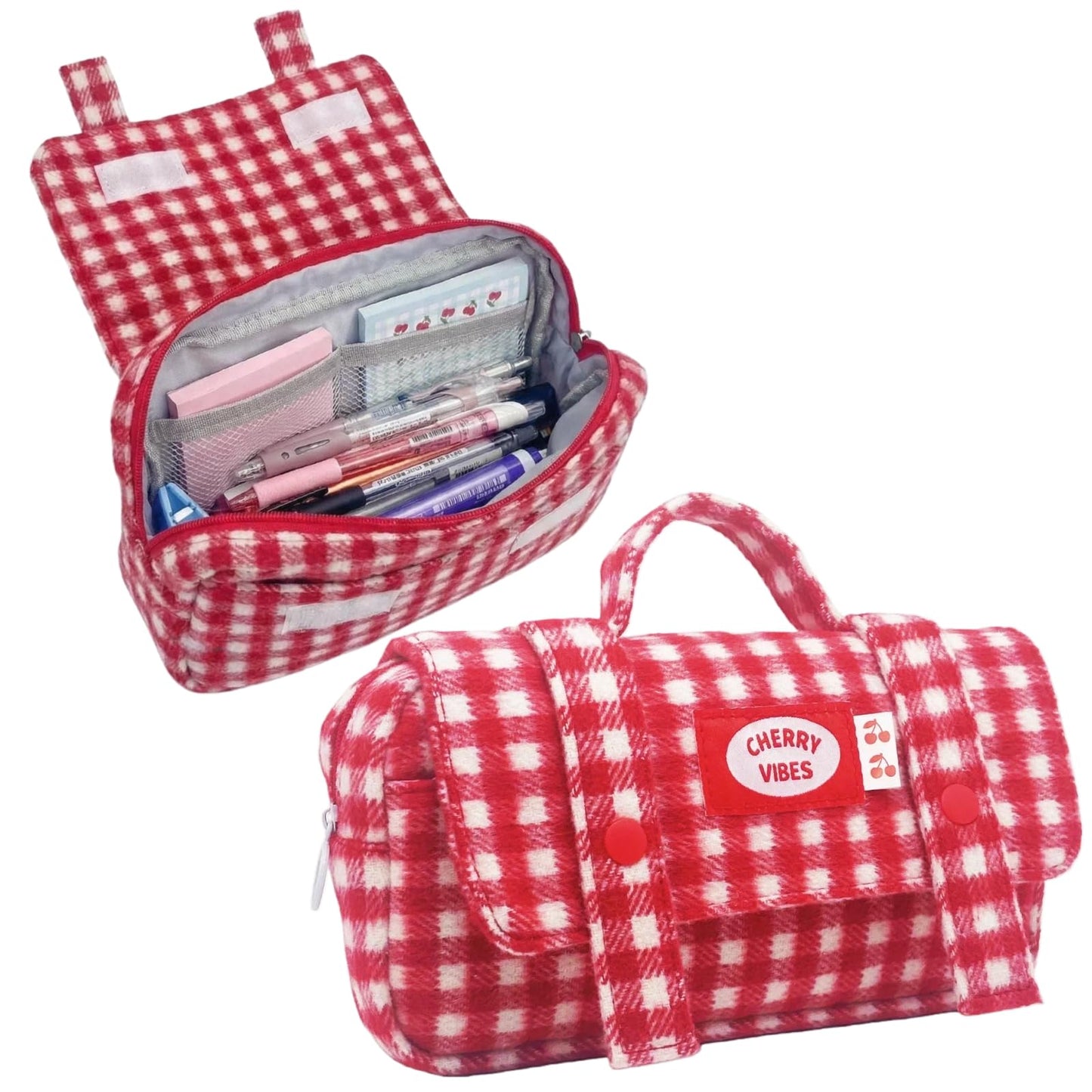Haumei Cute Checkered Pencil Case, Red White Plaid, Large Capacity Gingham Pattern Pen Bag with Handle, Big Stationery Organizer, Multi-Use Storage Pouch, 8.7x1.6x4.7 Inches, Red