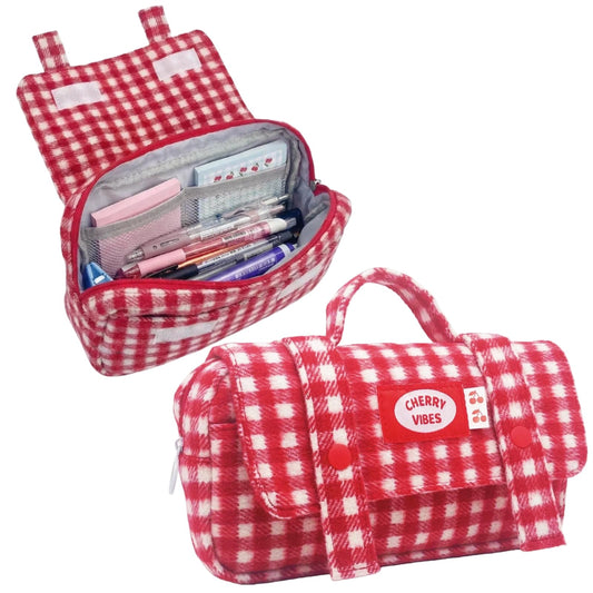 Haumei Cute Checkered Pencil Case, Red White Plaid, Large Capacity Gingham Pattern Pen Bag with Handle, Big Stationery Organizer, Multi-Use Storage Pouch, 8.7x1.6x4.7 Inches, Red