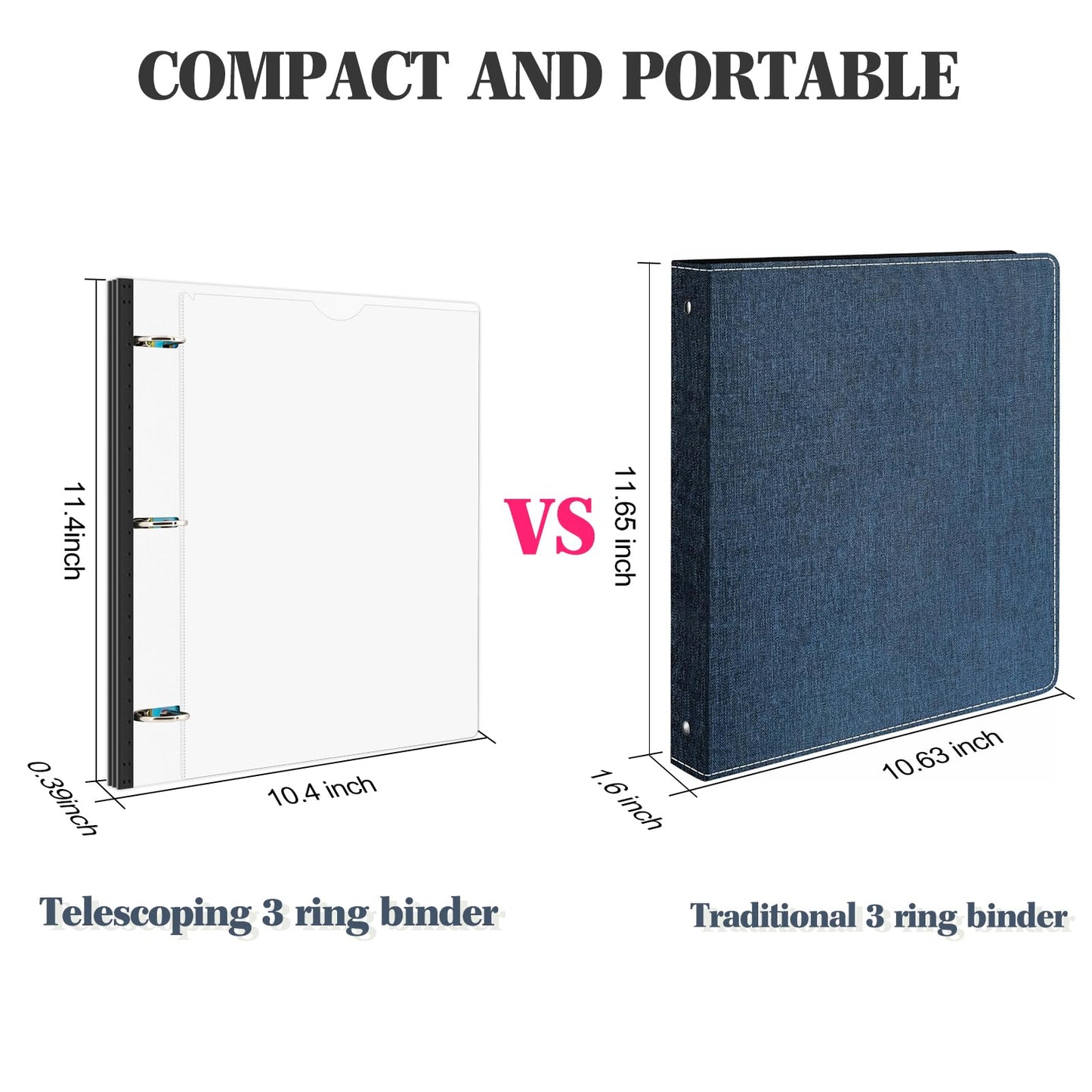 INFUN 1 Inch Telescoping 3 Ring Binder - 4PCS-White, Flexible Binders with Customizable Front Cover and Clear Catalog Pocket, 1Inch Rings, 225 Sheet Capacity