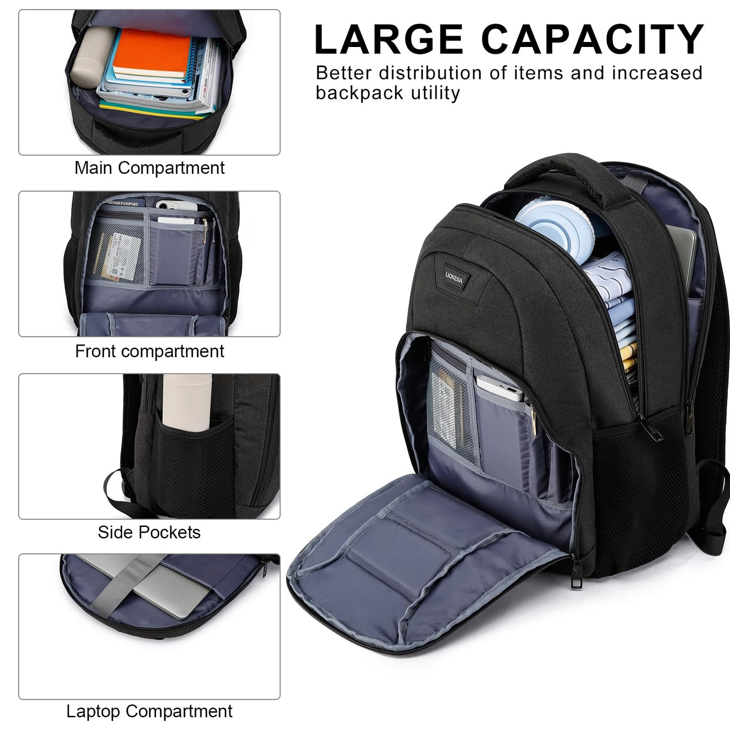 Liokesa Black Laptop Backpack for Men, School Backpacks for Teen Boys, Lightweight Backpack Personal Item Bag, 15.6 Inch Water Resistant College Bookbag Computer Bag