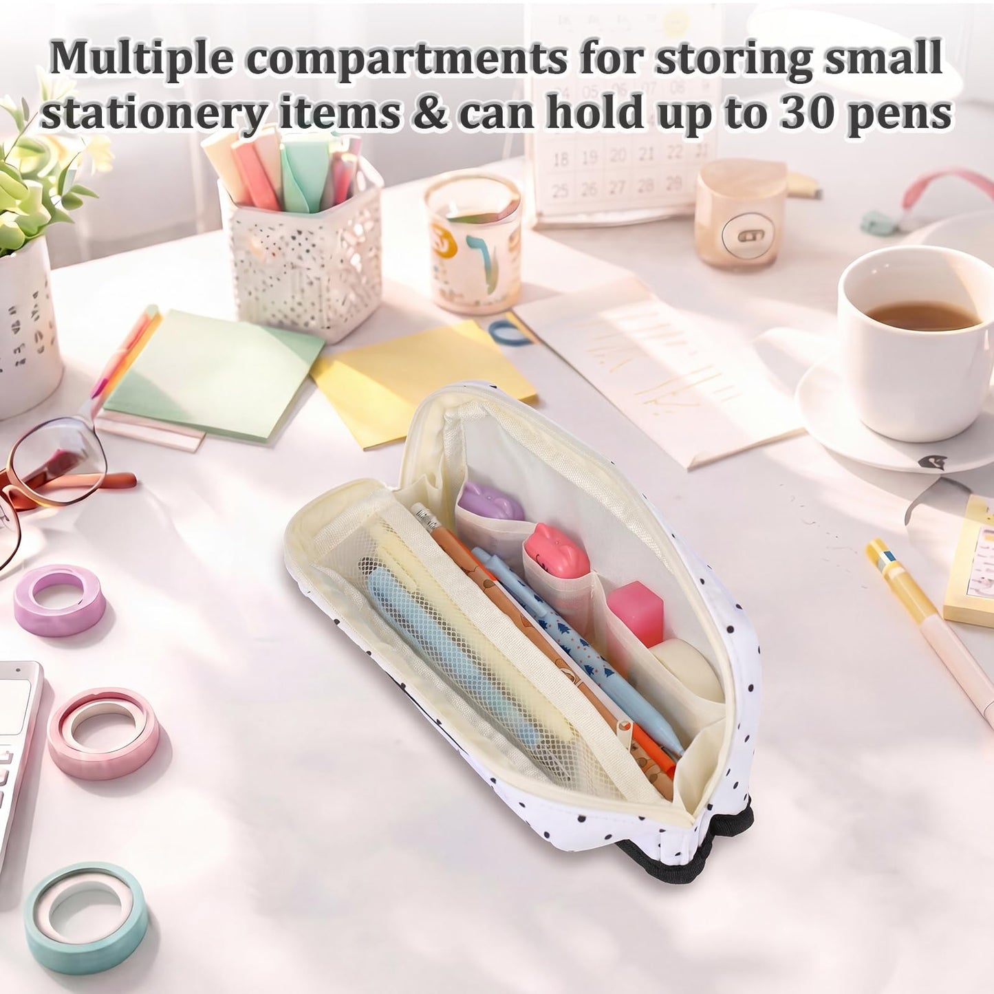 Gueevin Large Capacity Pencil Case Polka Dot Pen Pouch with Multiple Compartments Foldable Portable Pencil Case Black White Stationery Organizer Bag for Adults(White)