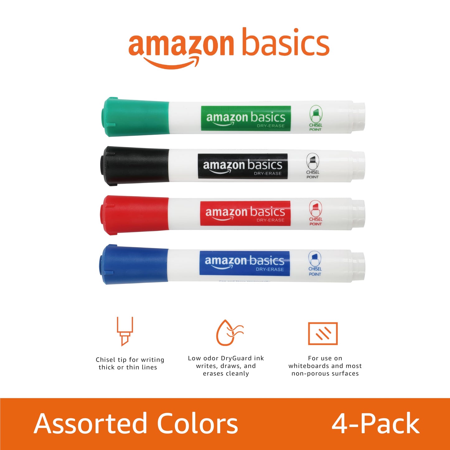 Amazon Basics Low-Odor Dry Erase Whiteboard Markers, Chisel Tip, Quick-Dry, Black, Red, Green, Blue, 8-Pack