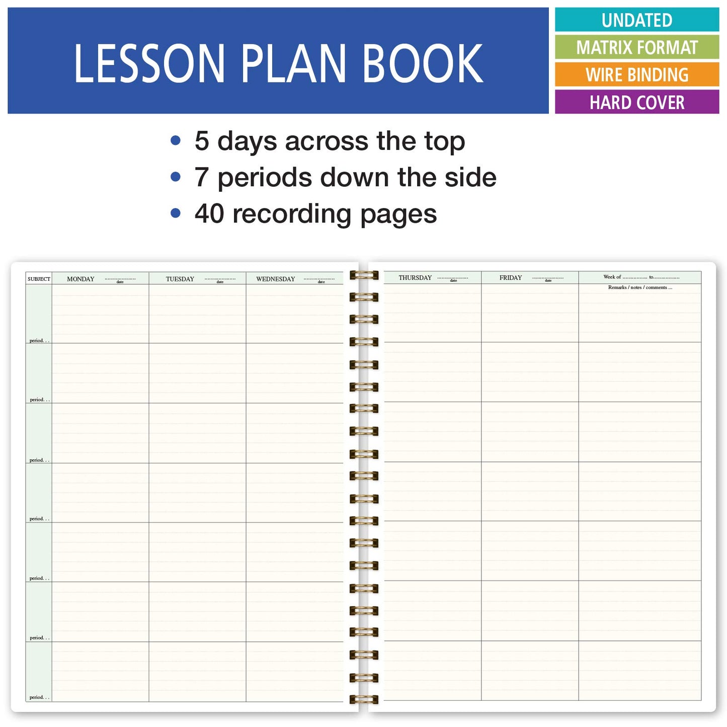 Elan Publishing Company HARDCOVER 7 Period Teacher Lesson Planner - Days Horizontally Across the Top with Bonus Clip-in Bookmark (Gold Dots Turquoise)