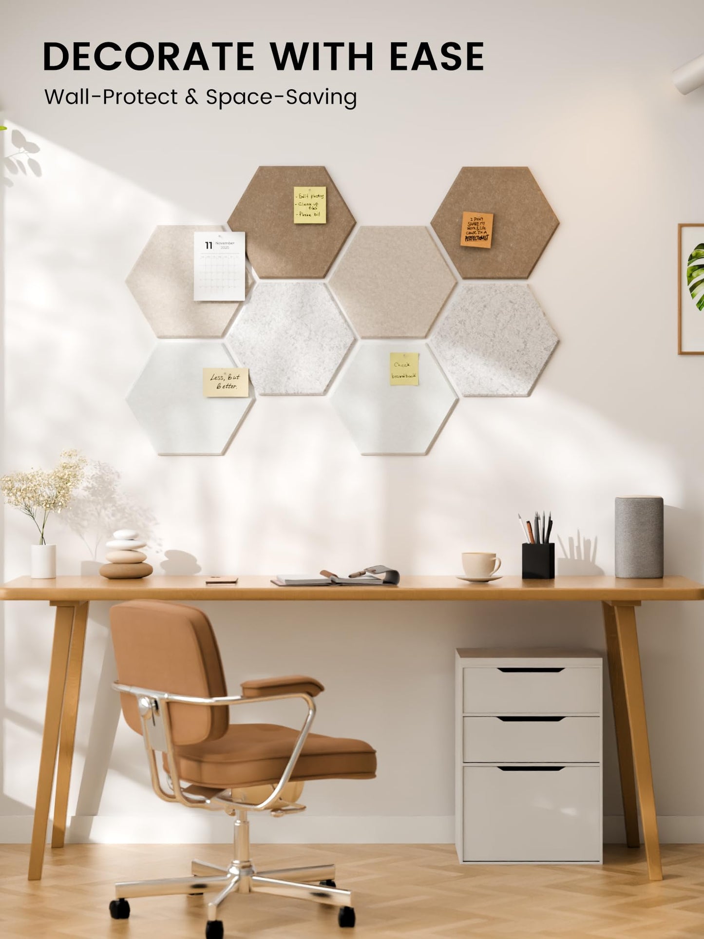 Fluxynara Hexagon Cork Board Alternative for Walls Decor-8-Pack Felt Bulletin Board Tiles,with 30 Pushpins,50 Adhesive Tabs for Office,Classrooms & Home Pin Board Felt Board-Stone Beige