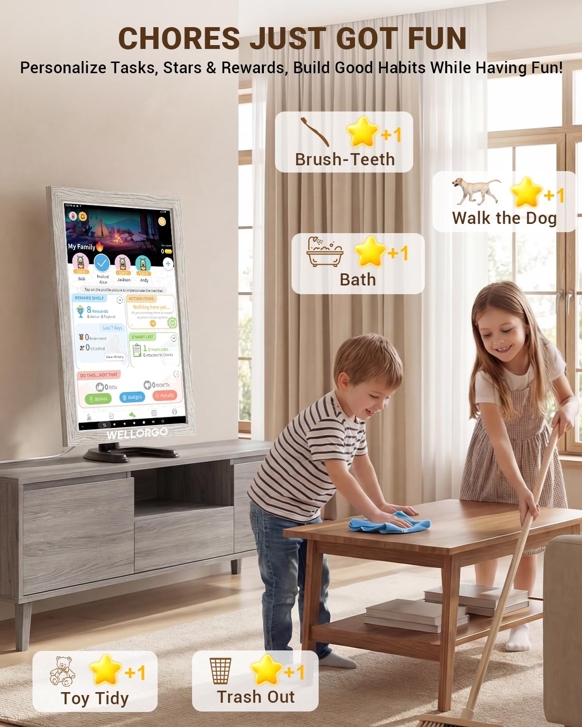 WELLORGO Digital Calendar, 21.5-inch Electronic Calendar for Family Schedules, Touch Screen Smart Planner with Kids' Chores Chart/Meal Plan/Streaming Services, w/Frame, Remote Control & Desktop Stand