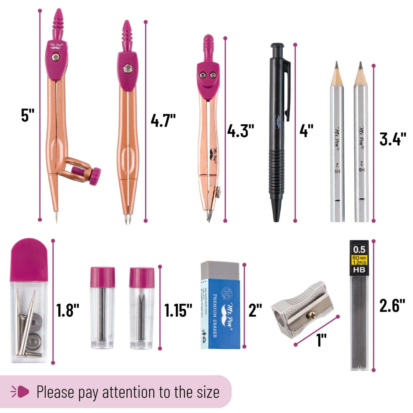 Mr. Pen- Geometry Set, 15 pcs, Rose Gold & Pink, 6 Inch Swing Arm Protractor, Divider, Set Squares, Ruler, Compasses and Protractor