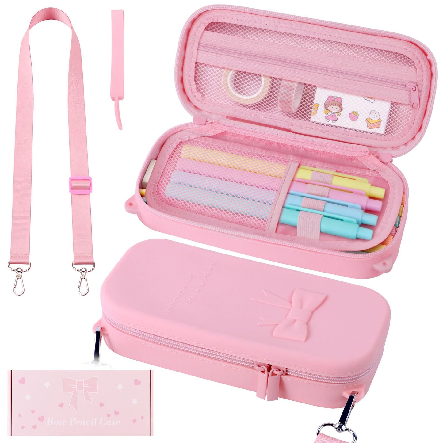 SEEZIZI Soft Silicone Bow Pencil Case, Large Capacity Aesthetic Pen Pouch Organizer with Handle & Strap,Big Pencil Bag for Girls Women, Kawaii School College Travel Supplies - Pink