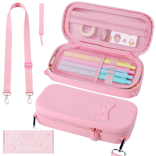 SEEZIZI Soft Silicone Bow Pencil Case, Large Capacity Aesthetic Pen Pouch Organizer with Handle & Strap,Big Pencil Bag for Girls Women, Kawaii School College Travel Supplies - Pink