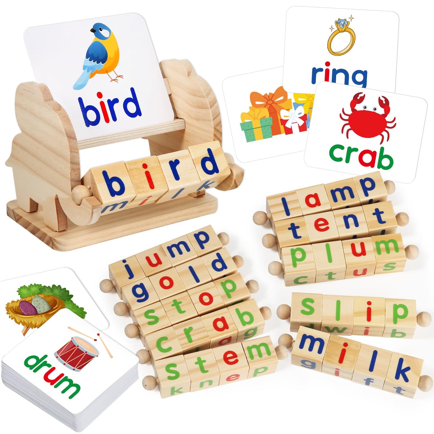 Montessori Learning and Educational Toys Gifts for Kids 3 4 5 Years, Wooden Reading Blocks Toys, Preschool Kindergarten Learning Activities, Turning Rotating Matching Flash Card Games