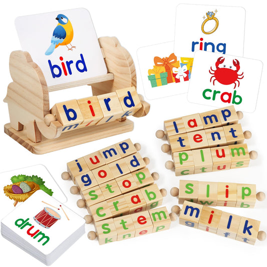 Montessori Learning and Educational Toys Gifts for Kids 3 4 5 Years, Wooden Reading Blocks Toys, Preschool Kindergarten Learning Activities, Turning Rotating Matching Flash Card Games
