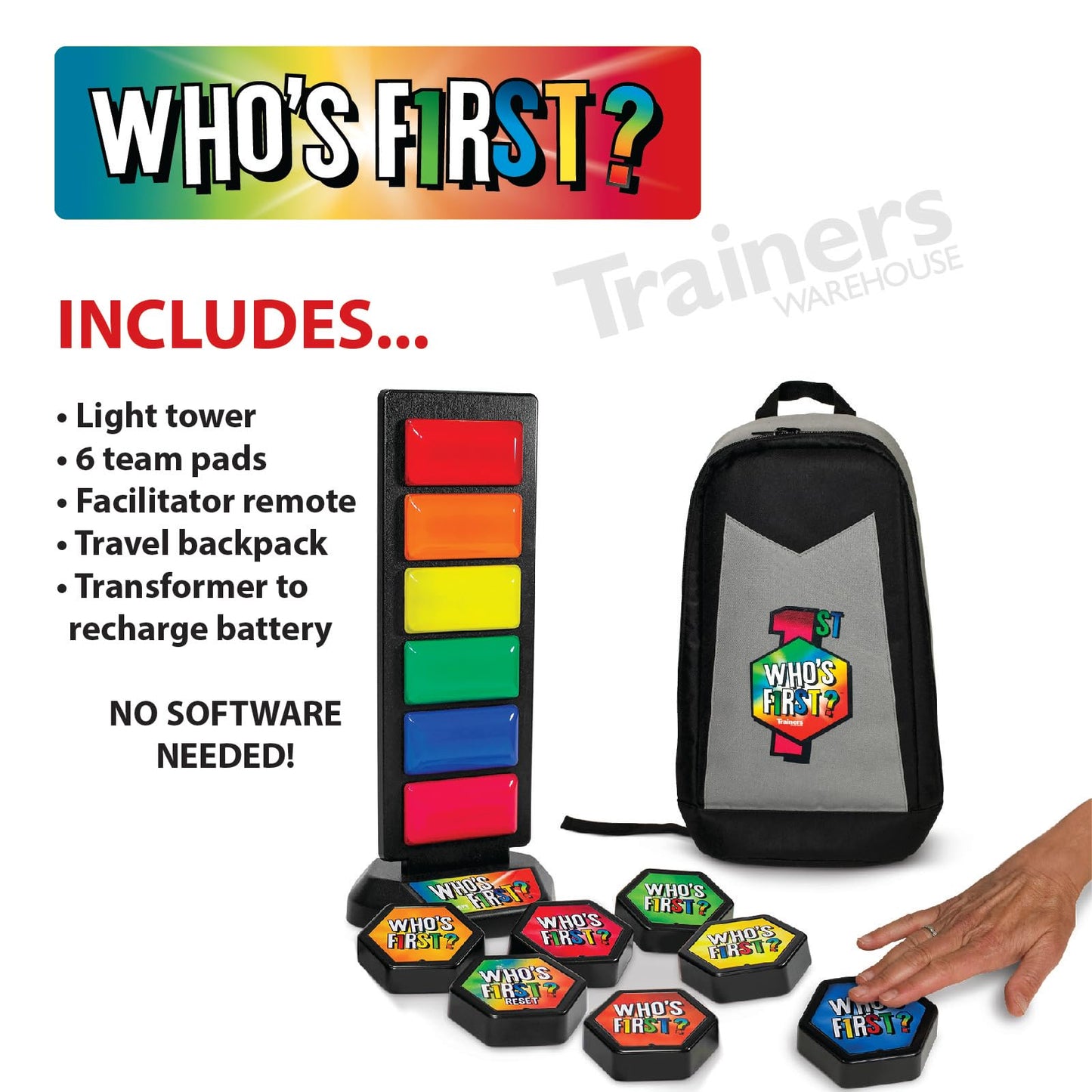 Trainers Warehouse Who's First? v3 Wireless Game 6 Buzzer System | Foster Gameshow Excitement in The Classroom - Includes Light Tower & USB Port & Randomizer | Make Trivia and quizzes Fun!