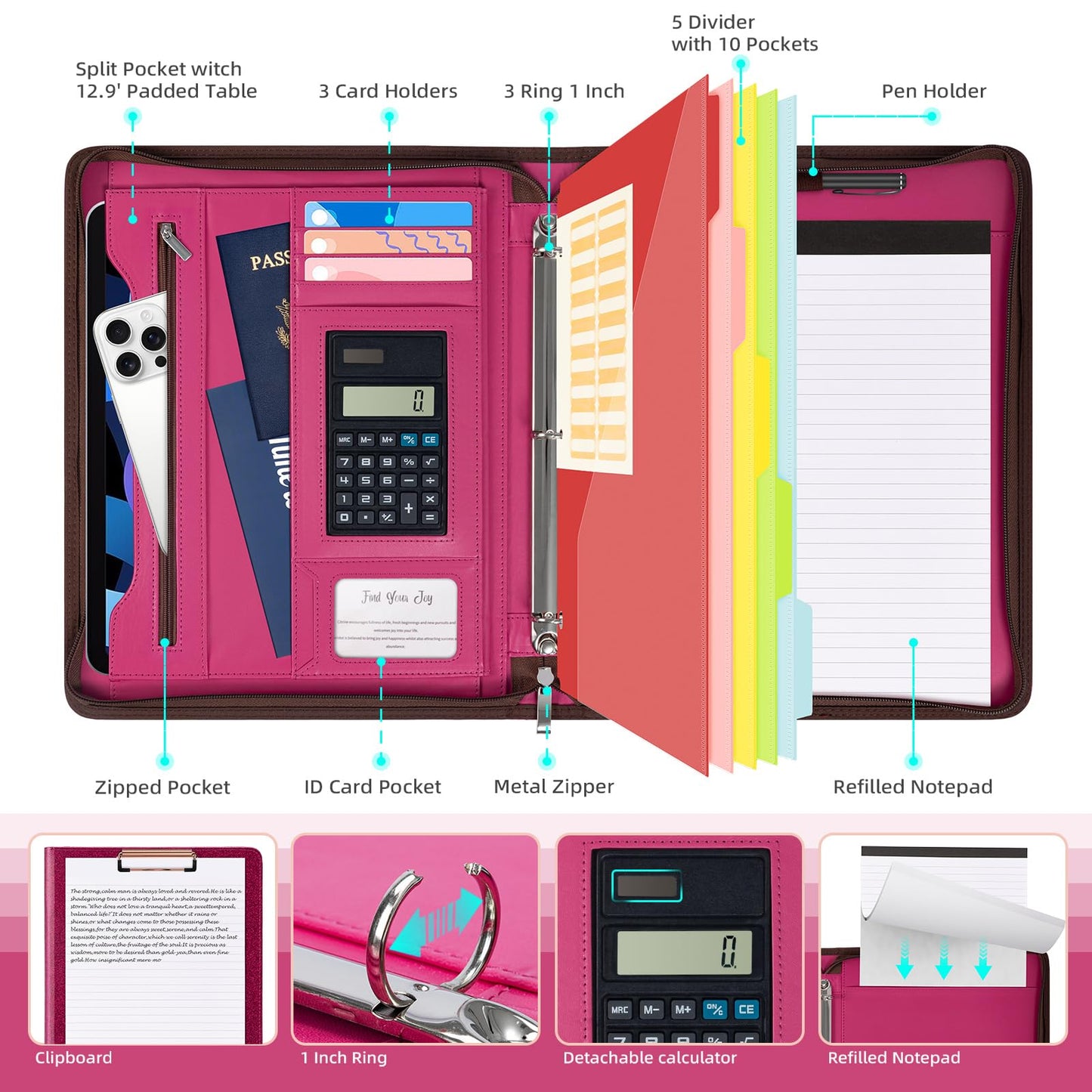 Ospelelf Zipper Clipboard with Storage, Leather Padfolio Portfolio Folder, 3 Ring Binder Dividers with Tabs, 12.1” Tablet Sleeve, Refillable Notepad, Card Slot (Rose Red)