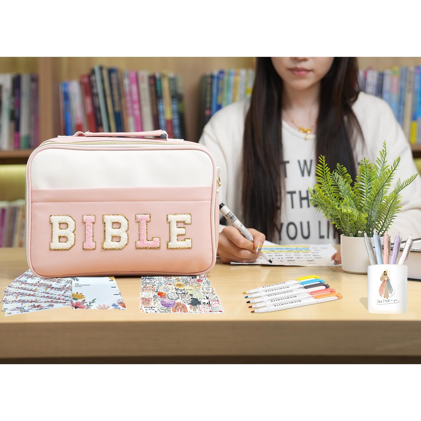 WOBAGMEN Bible Cover Case for Women,Large Leather Bible Book Covers with Bible Study Supplies, Bible Study Accessories Bible Journaling Kit,Pink Church Bag Christian Gifts for Women