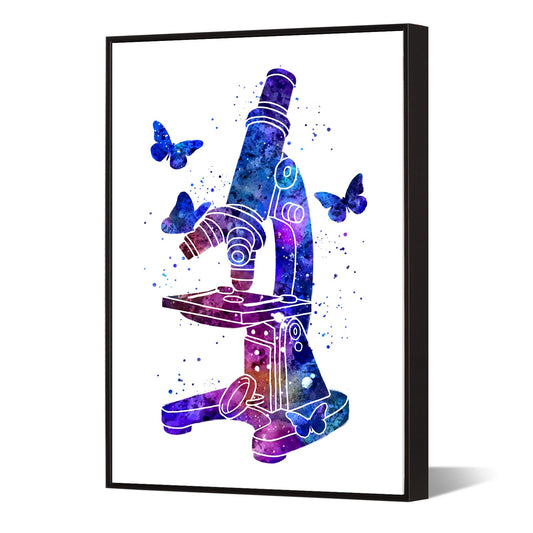 Muzenso Canvas Prints with Black Floater Frame Microscope Wall Art 16x24 Inch Colorful Scientific Canvas Painting with Butterflies Modern Educational Artwork for Classroom Office Laboratory Decor