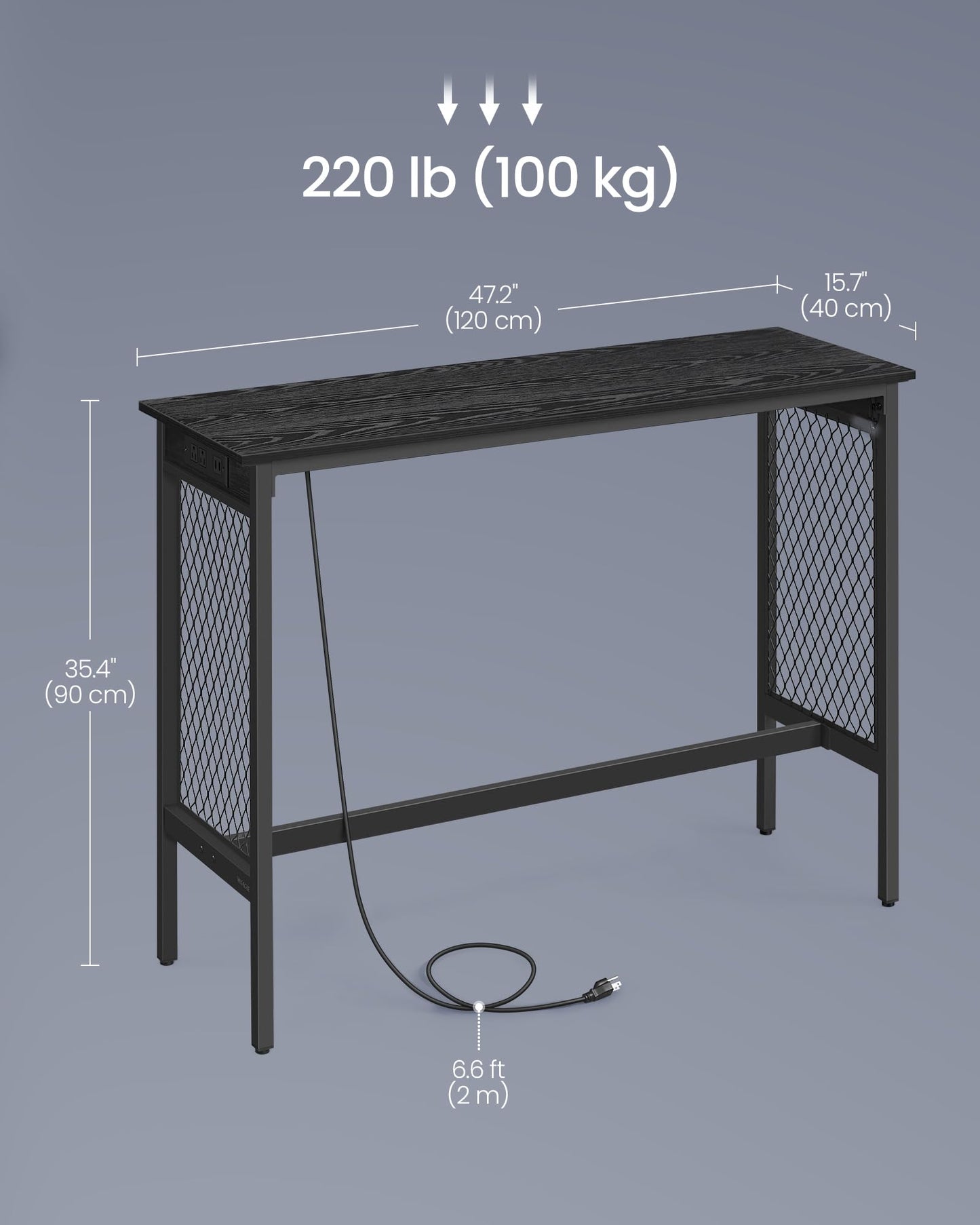 VASAGLE Bar Table with Power Outlets, 47.2 Inches LED Lights Narrow Tall Pub Table, Counter Height Console Desk, Mesh Panels and Metal Frame, for Kitchen, Entryway, Ebony Black and Matte Black