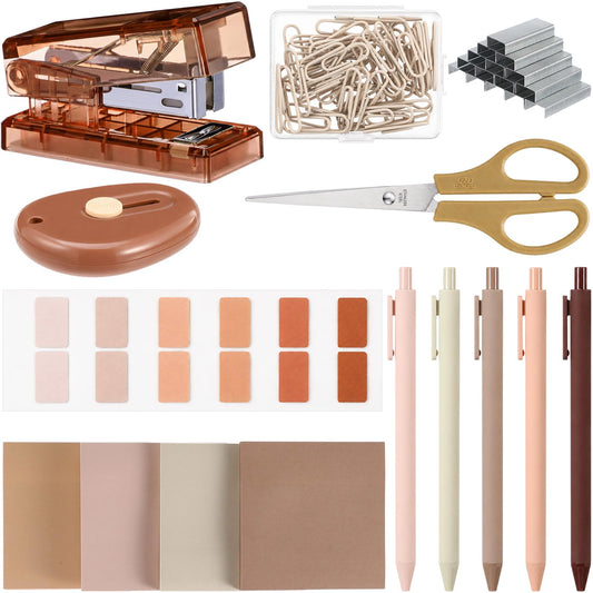 Humyoun Khaki Mini Office Supplies Kit School Supplies Desk Accessories with Gel Pens Sticky Notes Stapler 1000 Scissor Paper Clips Index Tabs Box Cutter for Back to School Office