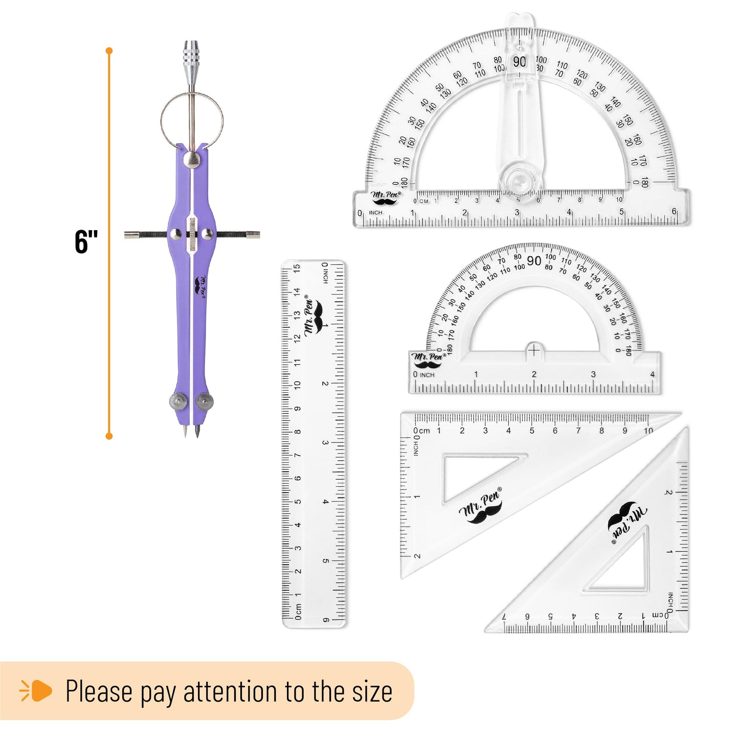 Mr. Pen- Geometry Set, 15 pcs, Purple, 6 Inch Swing Arm Protractor, Divider, Set Squares, Ruler, Compasses and Protractor