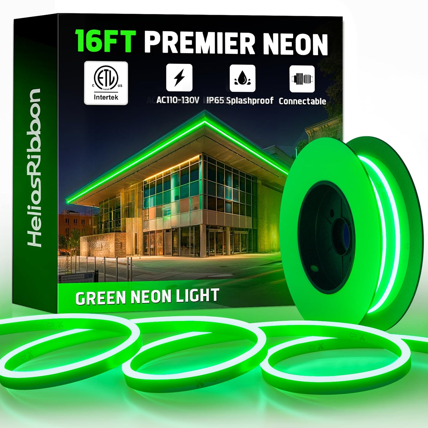 HeliosRibbon 16FT Green LED Neon Rope Lights, Waterproof, Flexible, ETL Listed, Connectable, Model HR-MNEON-GREEN-5M