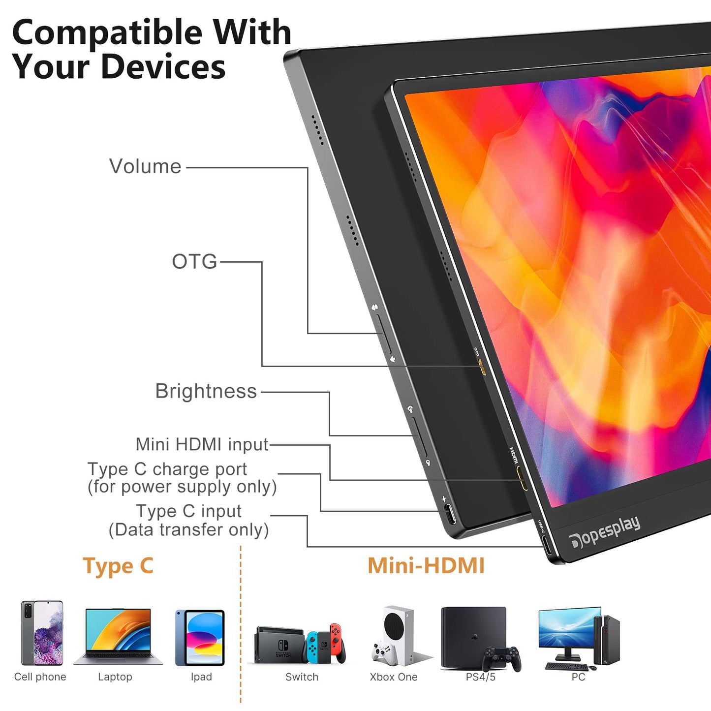 Dopesplay Portable Monitor for Laptop with Touchscreen, 15.6" FHD 1080P Second Laptop Monitor Extender with 5000mAh Battery for Laptops, MacBook, Phones, PS4/5, Xbox, Switch (NO Touch on iPhone)