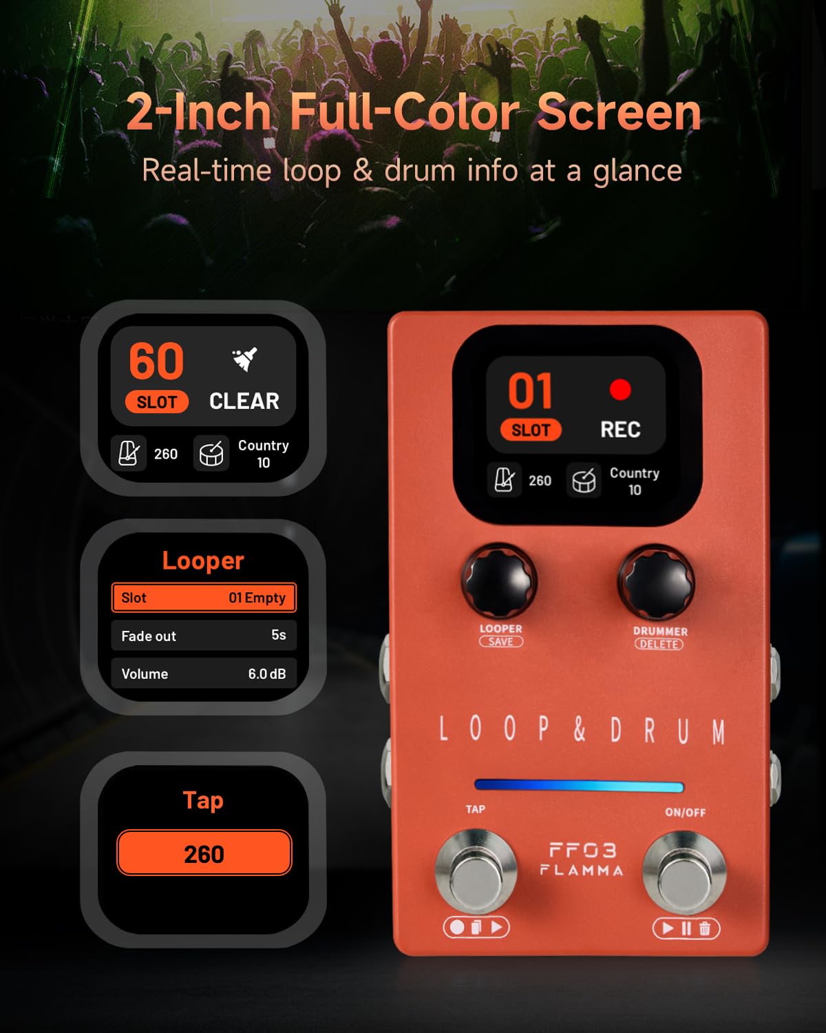 FLAMMA FF03 Looper Pedal Drum Machine, Drum Looper Guitar Pedal with LED Indicators, 160 Min Recording, 121 Drum Grooves, 40 Loop Slots, Undo/Redo, Fade Out, Sync Mode, USB & Headphone Out
