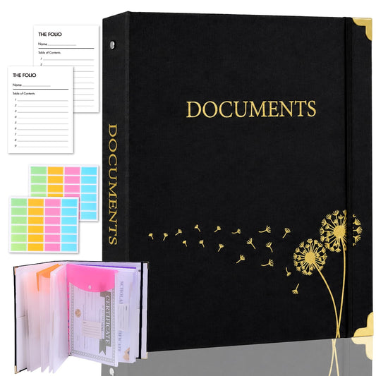 XKDOUS Aesthetic Document Organizer 3 Ring Emergency Binder Linen Folio Folders with 9 Pockets Expanding File Storage Holder for Important Papers, Letters, Passports, Photos