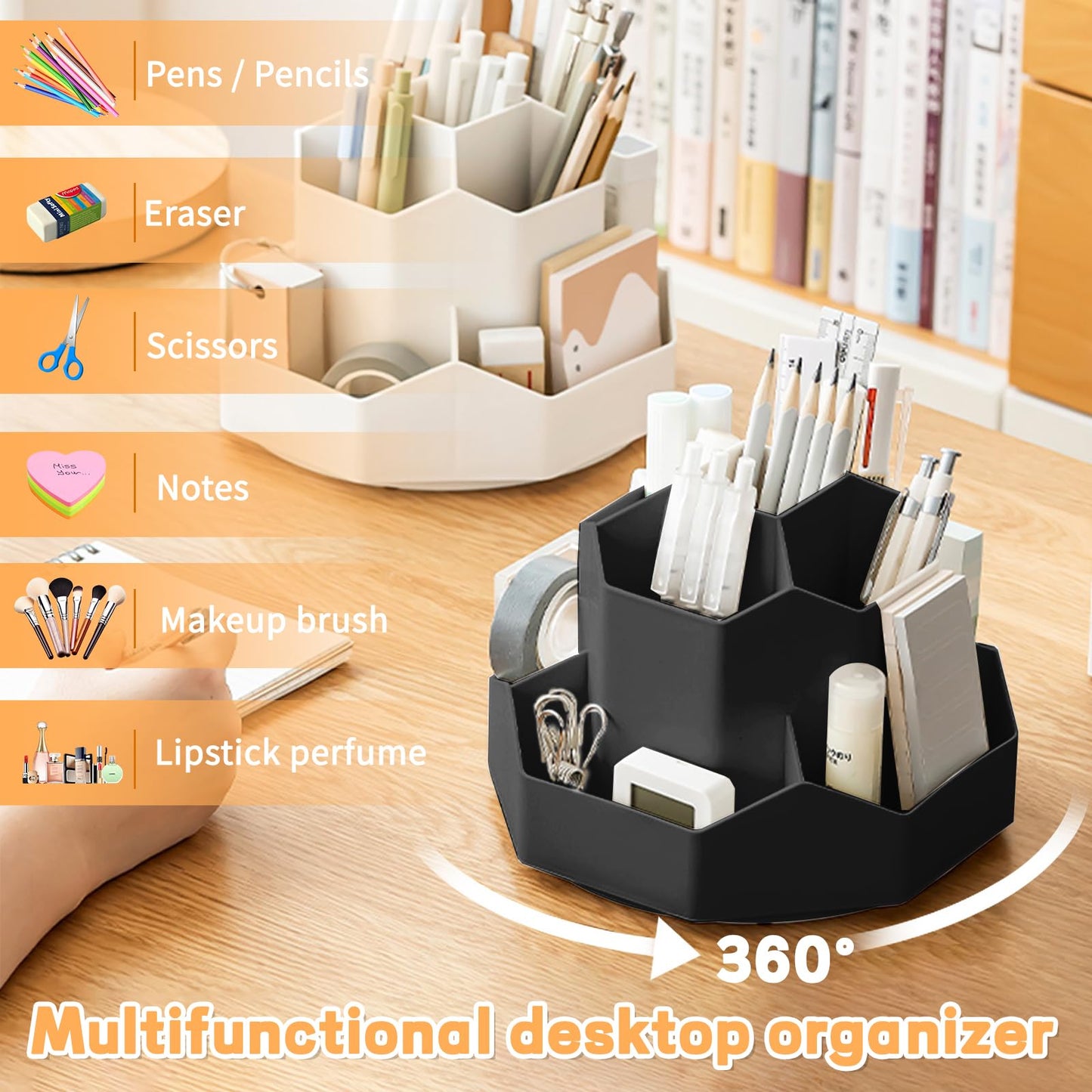 Cayxenful Pencil Pen Holder for Desk,9 Slots 360 Degree Rotating Desk Organizers,Desktop Storage Stationery Supplies Organizer, Cute Pencil Cup Pot For Office, School, Home(Black)