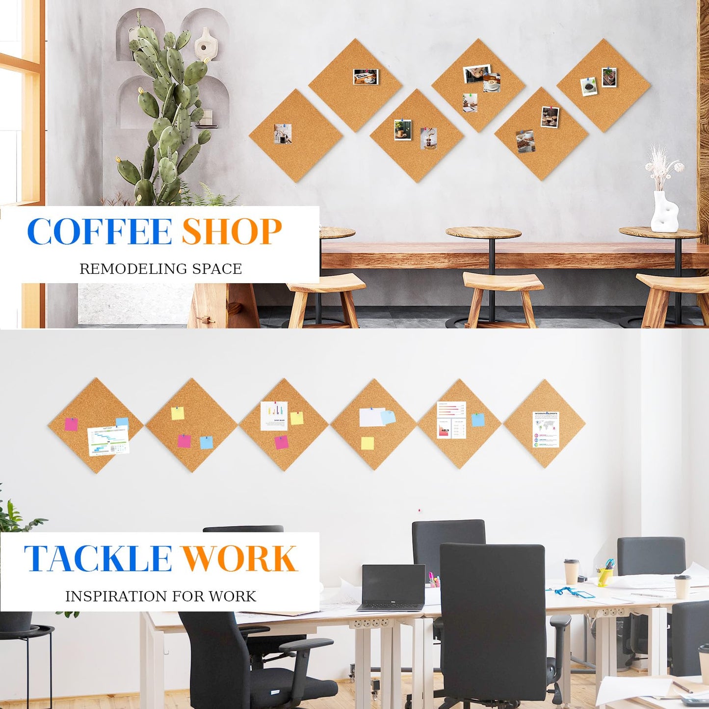 DOLLAR BOSS Cork Board Tiles, 6 Packs 12" x 12" 1/2" Thick Cork Bulletin Board Self Adhesive Corkboards for Walls with 60 Pushpins for Home Office Kitchen School Decor Display