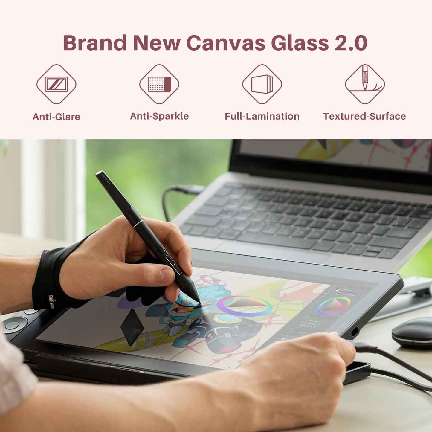 HUION Kamvas 13 (Gen 3) Drawing Tablet with Screen, 13.3" Full-Laminated Art Tablet with Anti-Sparkle Canvas Glass 2.0, 99% sRGB, PenTech 4.0, 16384 Pen Pressure, Dual Dial for PC, Mac, Android, Pink