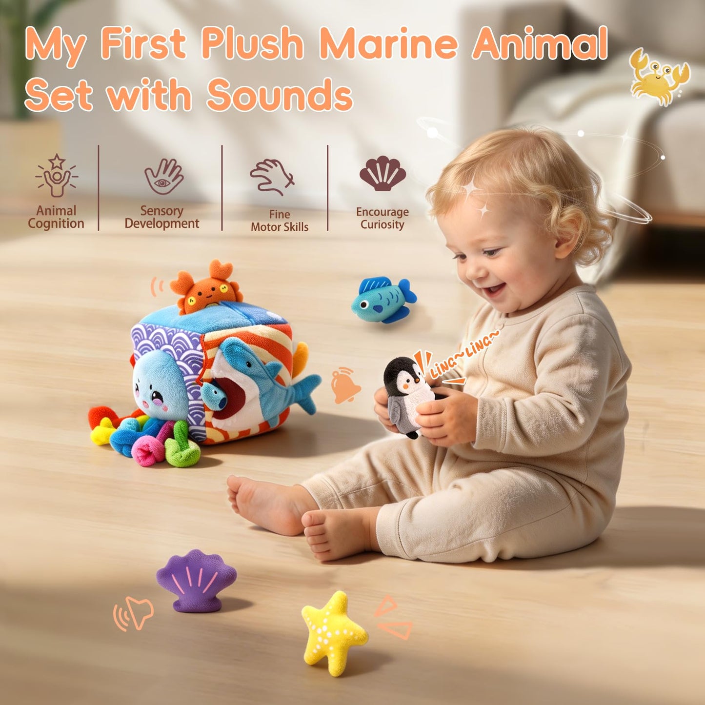 SAIMAND Baby Toys 6-12 Months–Mystery Soft Box with 5 Plush Marine Animals,Rattle,Crinkle Paper & Mirror–Montessori Sensory Toys for 6 Month Old Babies 1-3 Year Old Boy Girl Birthday