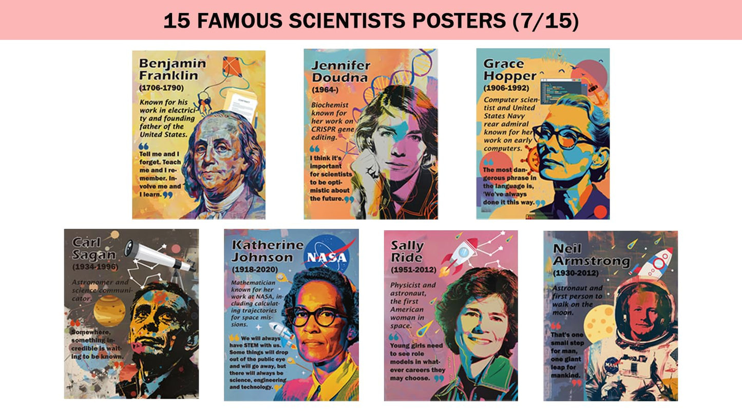 1step2dream Science Poster Classroom Set: 15 Vibrant 11x14 Educational Wall Art Featuring Famous Scientists - Ideal for Middle School, Science Labs & Bulletin Boards
