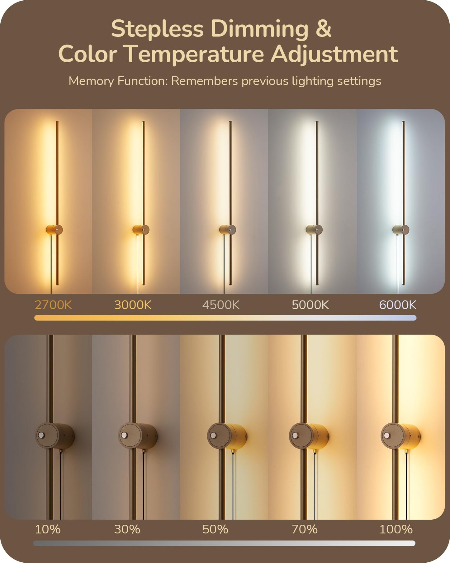 EDISHINE Wall Sconce Set of Two, Dimmable 2700K-6000K LED, 39.4in, Gold, Metal, Touch Control, Remote, 350? Rotation