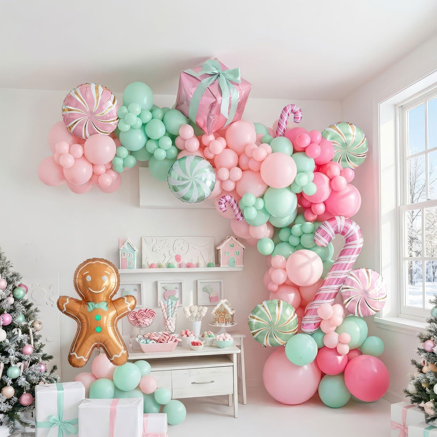 Christmas Balloon Garland Arch kit light magenta green pink balloon with Gingerbread Balloon Cane Candy Foil Balloons for Christmas Party Decorations Xmas New Year Birthday Party Supplies