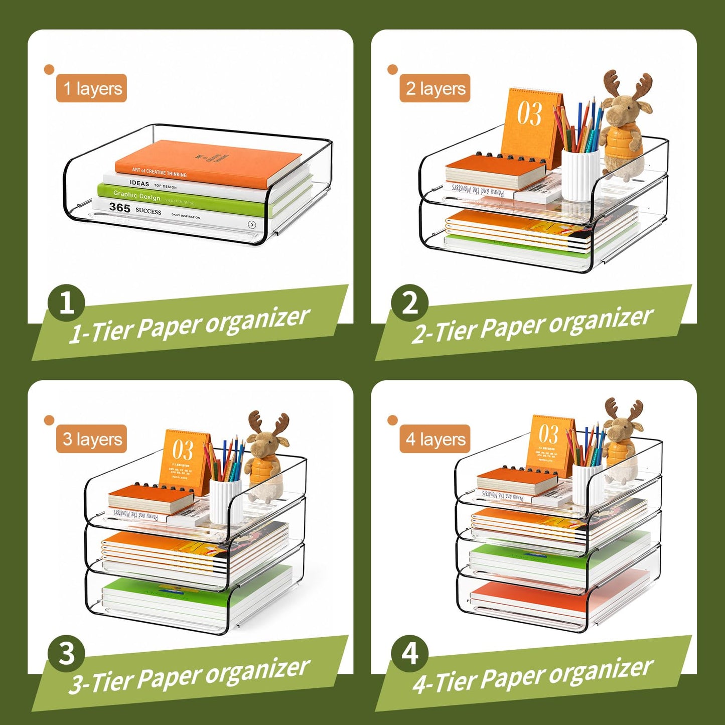 FANXIYQ 4-Tier Acrylic Paper Tray Organizer, Clear Stackable Desk File Organizer for Documents, Files, Letters, A4 Paper, Books, Notes, Mail & Paper Storage, Office Classroom Home