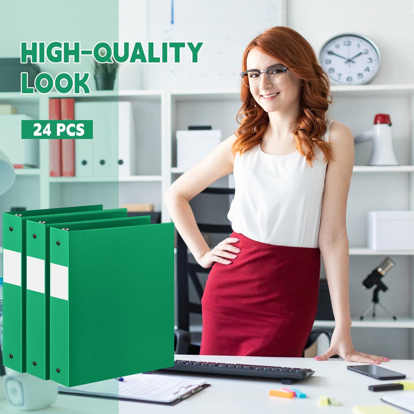 Henoyso 24 Pcs Green 1.5" 3 Ring Plastic Binder Bulk, 1 1/2 Inch Soft Flexible Binders Round Rings, Fits Letter Size 8.5'' x 11'' Paper, Holds 350 Sheets, for School Office (1.5 Inch)