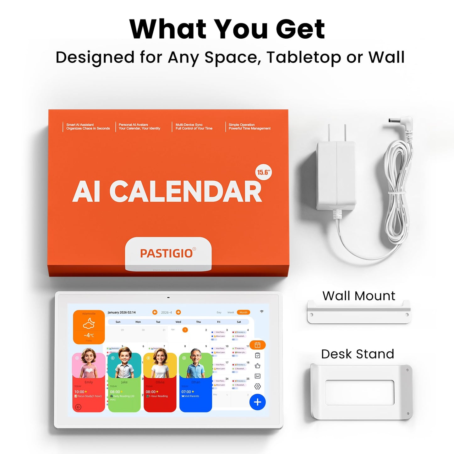 Pastigio Digital Calendar, 15.6'' Wall Touch Screen Planner, No Subscription, Smart AI Family Electronic Calendar, Chore Chart with Tasks Rewards for Kids, Digital Photo Frame, Wall & Desk Mountable