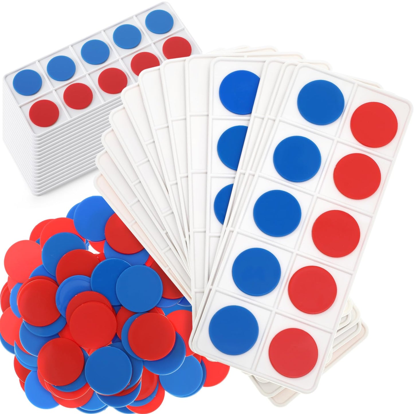 Soulchen 48 Sets Plastic Ten Frames for Classroom Math Manipulatives for Kids Classroom Math Counters Supplies Including 48 Plastic Ten Frames, 480 Counters for Teach Number Concepts (Red, Blue)
