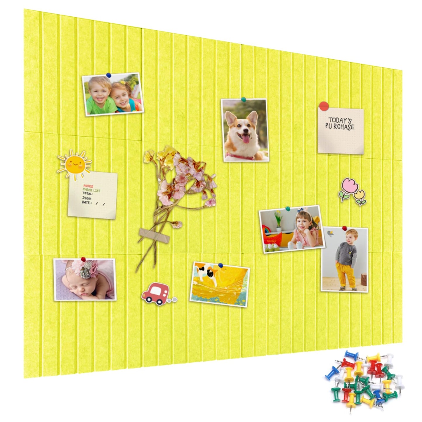 15 Pack Felt Bulletin Board, 35" x 59" Large Yellow Pinboard with 30 Push Pins, Felt Pin Board, Self-Adhesive Cork Board Tiles for Home, Office Walls, School Classroom Message Photos Display