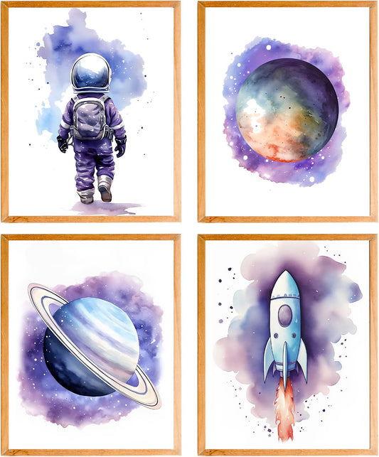 HUACANVASART Watercolor Outer Space Wall Art Prints,Astronaut Art Prints,Solar System Spaceman Outer Space Posters for Nursery Decor Boy Bedroom Kids Playroom Decor,Set of 4(8"X10"Inch,No Frame).