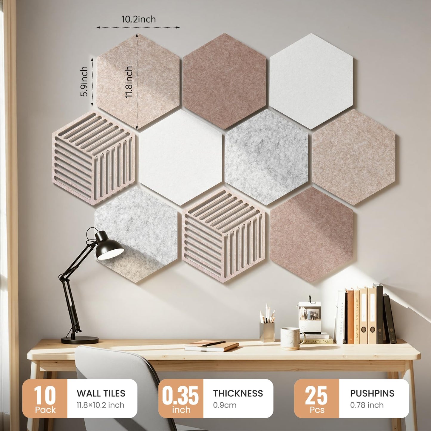Hexagon Cork Bulletin Boards for Walls Decor, 10 Pack Felt Board Tiles with 25 Push Pins, Photo Display Board for Office & Home Classroom DIY Decor