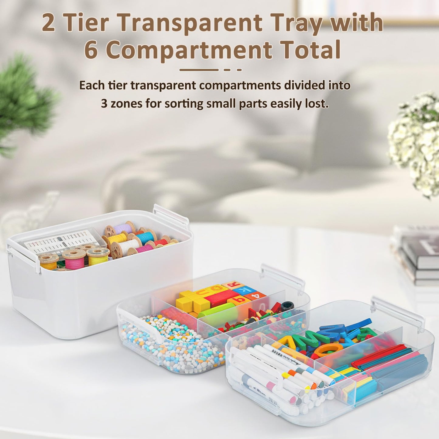 3-Layer Plastic Craft Organizers and Storage Box with Removable Trays, Storage Containers with lids and Handle, Art Supply Storage Organizer for Bead, Ornament, Nail Polish, Tape（10.62"x9"x7.67"）