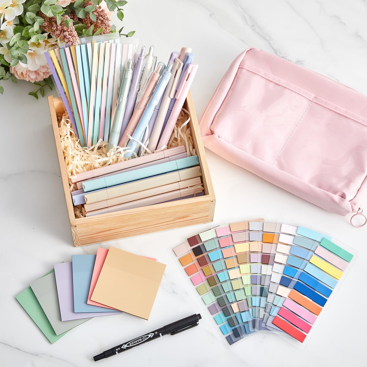 Trandraft 135 Pcs Book Annotation Kit Aesthetic Pencil Case Bag 12 Highlighter 11 Gel Pen 1 Marker 300 Sheet Transparent Sticky Notes Pad 2640 Index Stickers Bible Study Supplies (Kawaii,Pink)