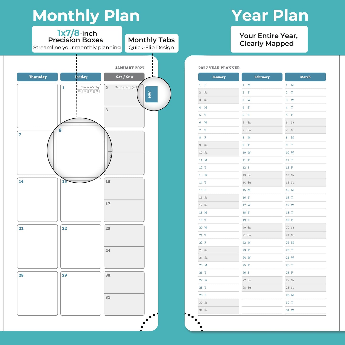 IN-LUXPRO Planner 2026-2027 Daily Weekly and Monthly,6.5"x3.75",18 Months Spiral Bound Calendar Agenda with Self-adhesive Pen Holder,2026 Academic Plan with Vegan Leather Soft Cover,Light Blue