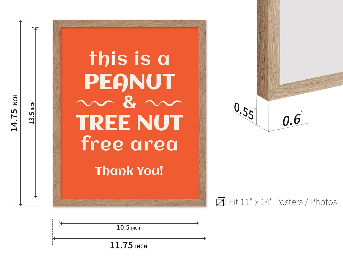 Poster Master Peanut and Tree Nut Free Area Poster - Food Allergy Awareness Print - Typography Art - Trendy Art - Gift for Men & Women - Decor for School, Office or Classroom, 11x14 Beige Framed