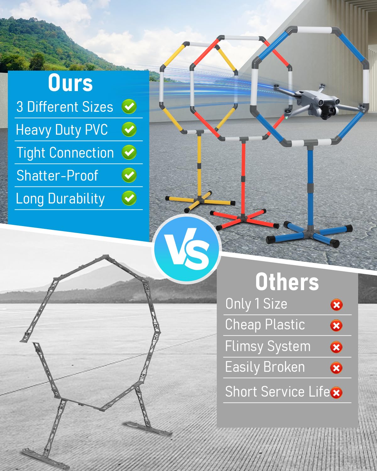 Drone Obstacle Course Kit, Includes 3 Different Hoop Sizes, Professional RC FPV Racing Training Set for Kids & Adults, Portable Game Loop Gate System with Separate Storage Bag