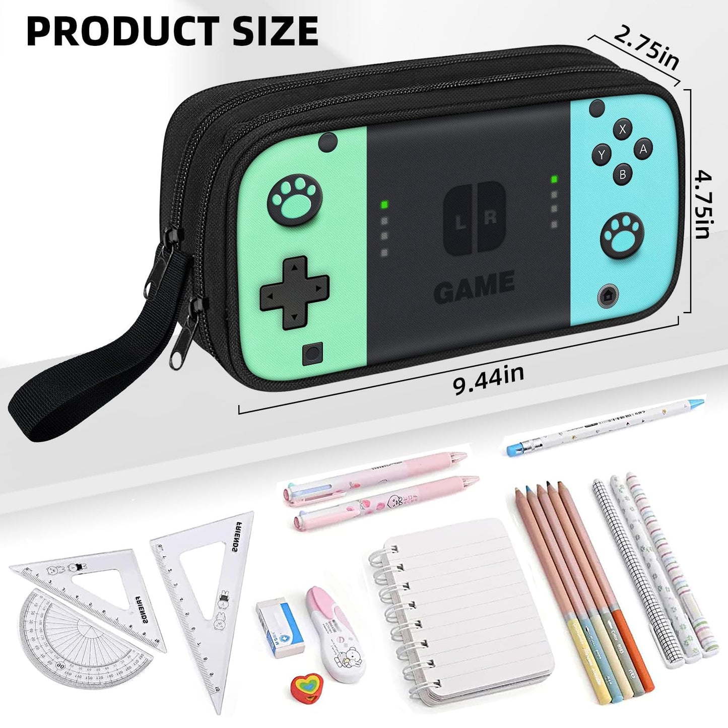 JIRAIKEI Gamer Pencil Case for Boys, Large Boys Pencil Pouch for Kids Teens School, Big Capacity Pen Box Pen Bag Organizer with 2 Compartments & Zipper