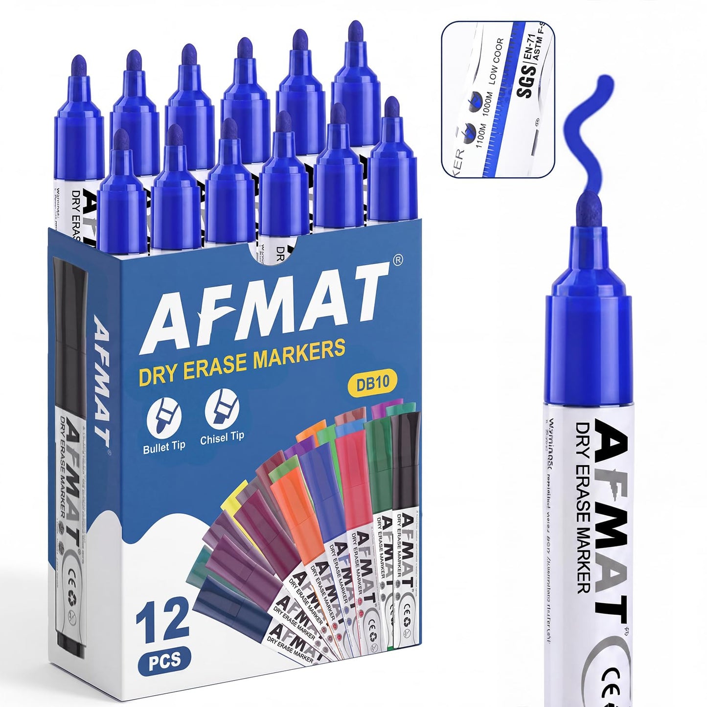 AFMAT Dry Erase Markers, Liquid Bullet Tip Whiteboard Markers with Visible Ink Window, Low Odor & Non-Toxic, 3X Large Capacity, No Residue for White Board, Classroom, Office, Home, Bright Blue,12 Pack