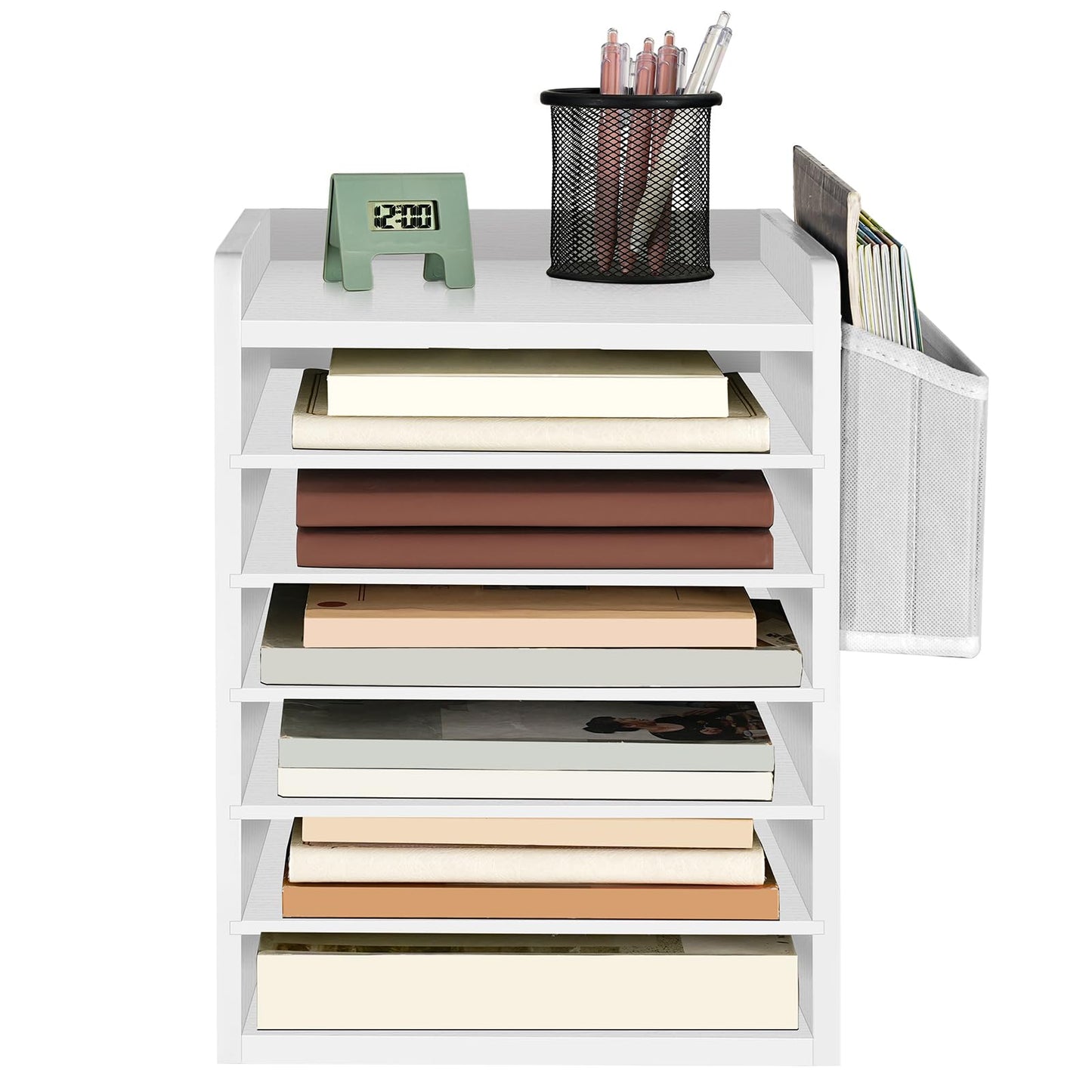 HOOBRO Adjustable Countertop Mail Sorter, 6 Tier Wooden Paper Organizer, Vertical Literature Organizer with Side Storage, Office Mailbox Cubbies, Classroom Mailbox, for Home, Office, White WT34WF01