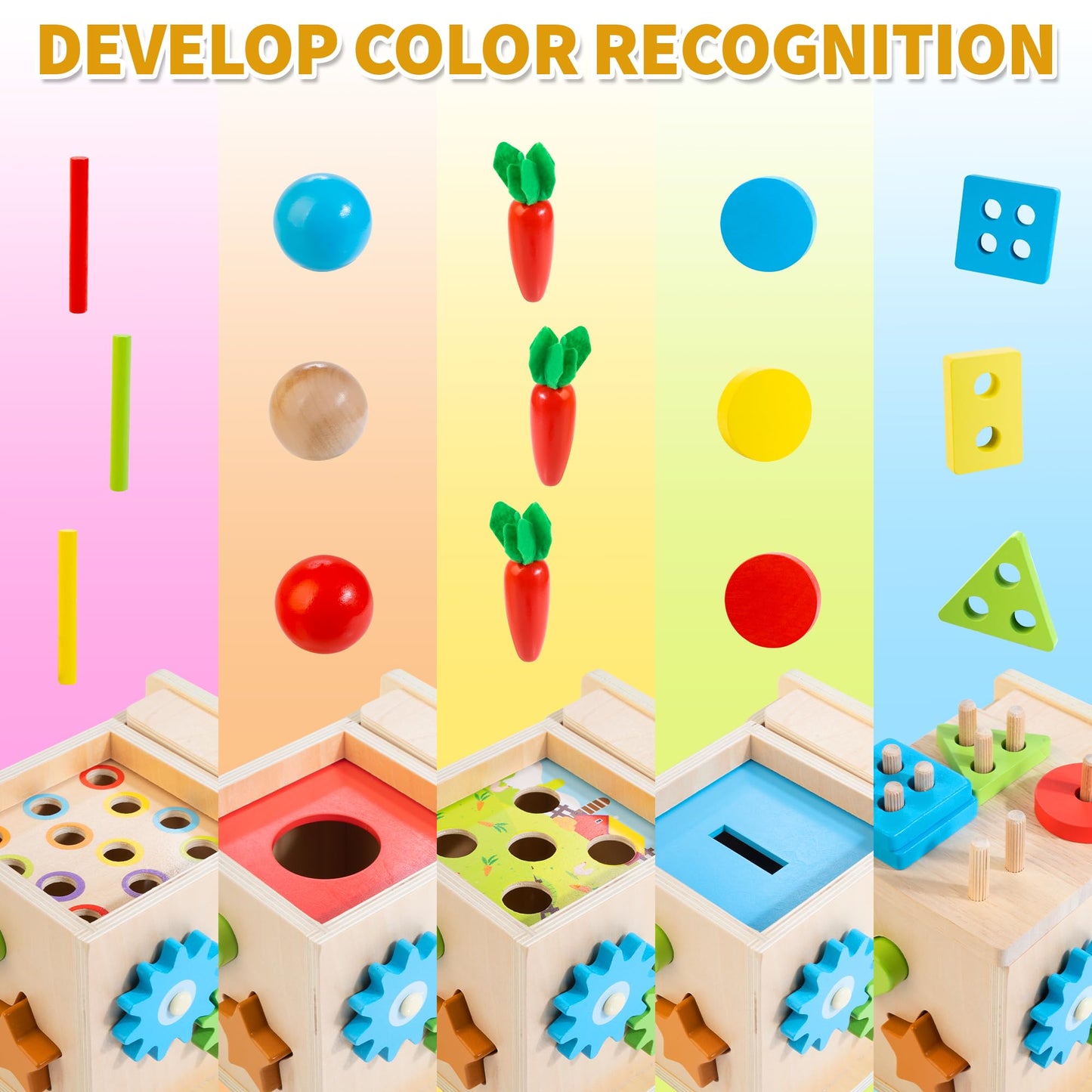 Kizfarm Wooden Montessori Baby Toys, 8-in-1 Wooden Play Kit Includes Object Permanent Box, Coin Box, Carrot Harvest, Shape Sorting & Stacking - Birthday Gift for Boys Girls Toddlers